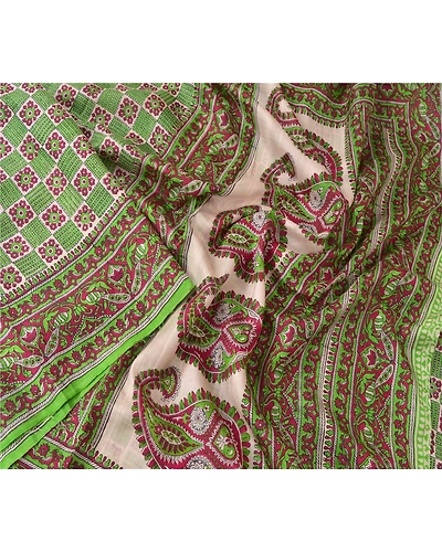 Sanskriti Vintage Green Sarees 100% Pure Silk Printed Fabric Craft Sewing Sari, PR-52443-Green-Printed Work-100% Pure Silk-2