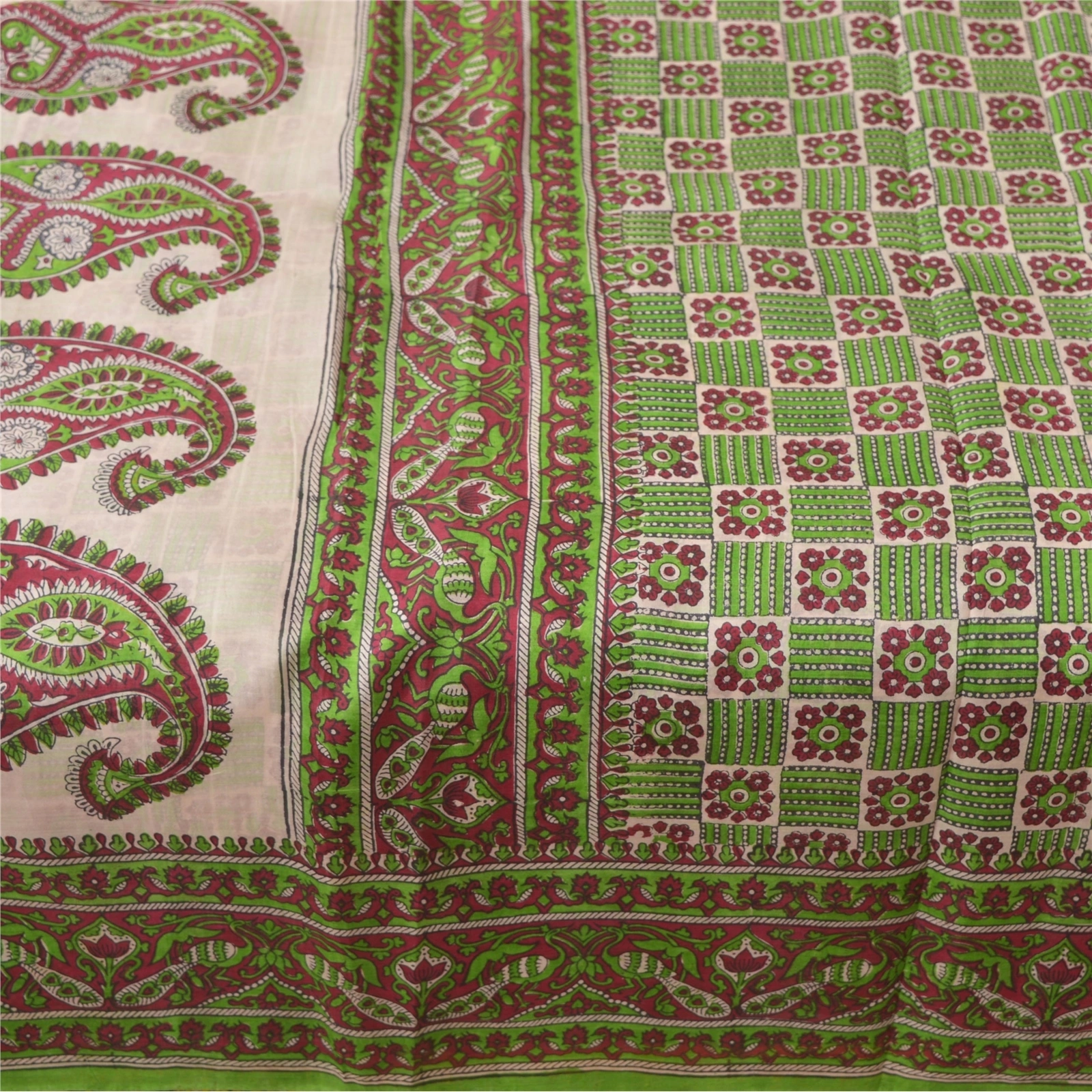 Sanskriti Vintage Green Sarees 100% Pure Silk Printed Fabric Craft Sewing Sari, PR-52443-Green-Printed Work-100% Pure Silk-3