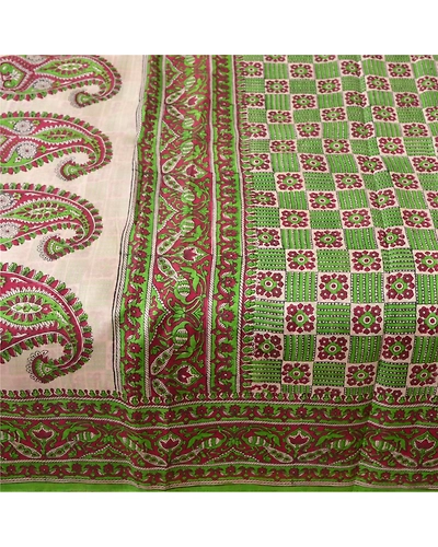 Sanskriti Vintage Green Sarees 100% Pure Silk Printed Fabric Craft Sewing Sari, PR-52443-Green-Printed Work-100% Pure Silk-3