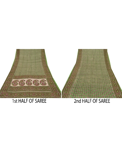 Sanskriti Vintage Green Sarees 100% Pure Silk Printed Fabric Craft Sewing Sari, PR-52443-Green-Printed Work-100% Pure Silk-4
