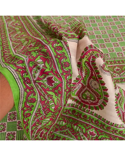 Sanskriti Vintage Green Sarees 100% Pure Silk Printed Fabric Craft Sewing Sari, PR-52443-Green-Printed Work-100% Pure Silk-5