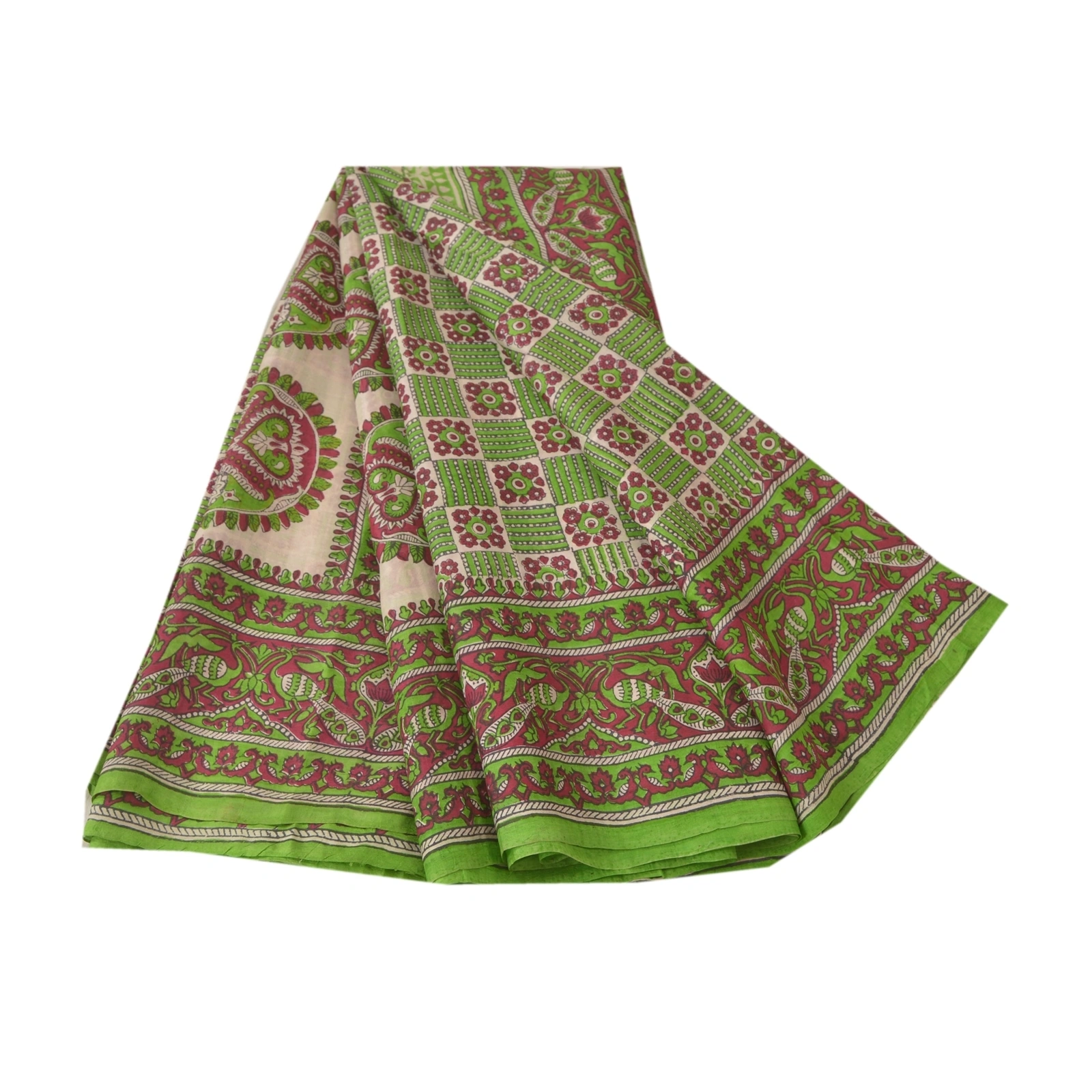 Sanskriti Vintage Green Sarees 100% Pure Silk Printed Fabric Craft Sewing Sari, PR-52443-Green-Printed Work-100% Pure Silk-6