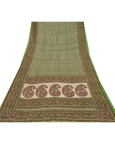 Sanskriti Vintage Green Sarees 100% Pure Silk Printed Fabric Craft Sewing Sari, PR-52443-Green-Printed Work-100% Pure Silk-7