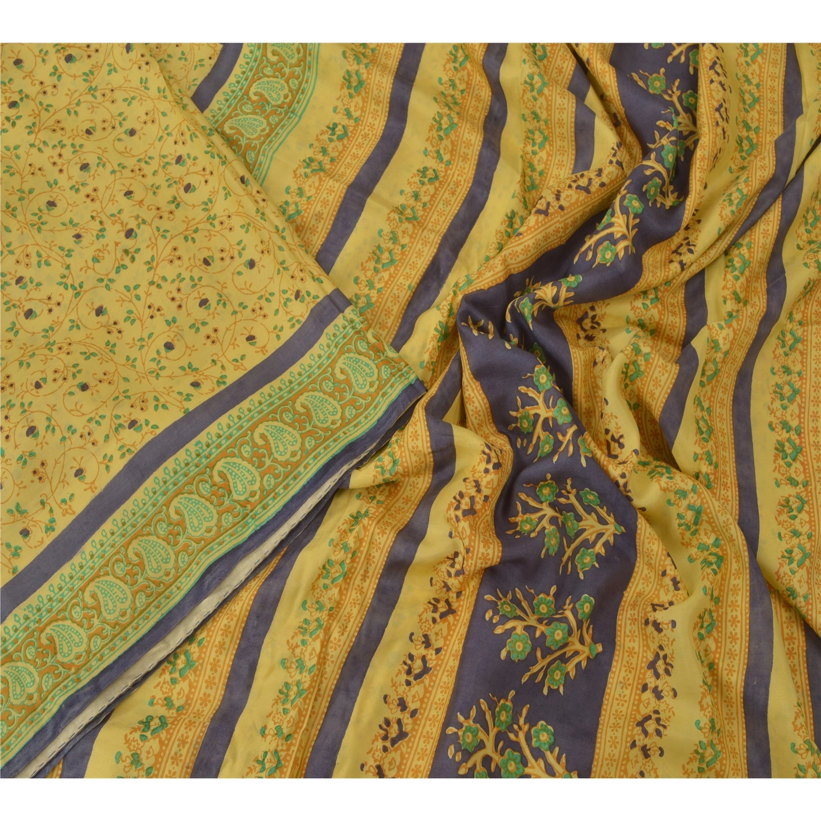 Sanskriti Vintage Yellow Sarees 100% Pure Silk Fabric Craft Printed Soft Sari, PR-52625-Yellow-Printed Work-100% Pure Silk-2