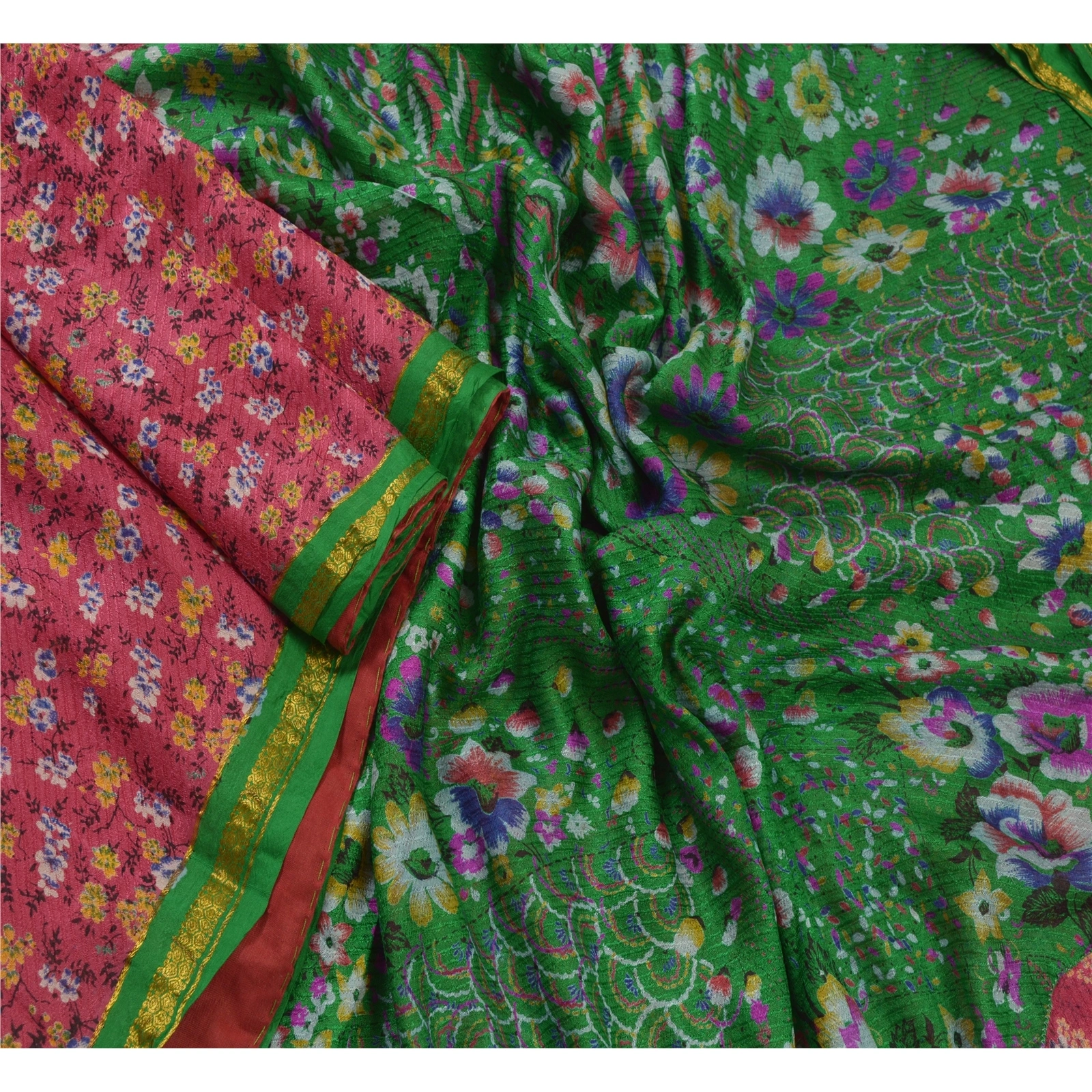 Sanskriti Vintage Pink/Green Sarees Pure Silk Fabric Print Zari Border 5Yd Sari, PR-52636-Pink &amp; Green-Printed Work-100% Pure Silk-1