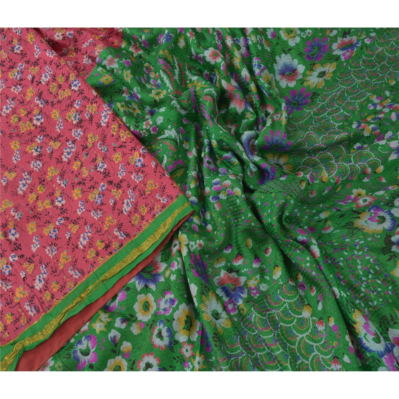 Sanskriti Vintage Pink/Green Sarees Pure Silk Fabric Print Zari Border 5Yd Sari, PR-52636-Pink &amp; Green-Printed Work-100% Pure Silk-2