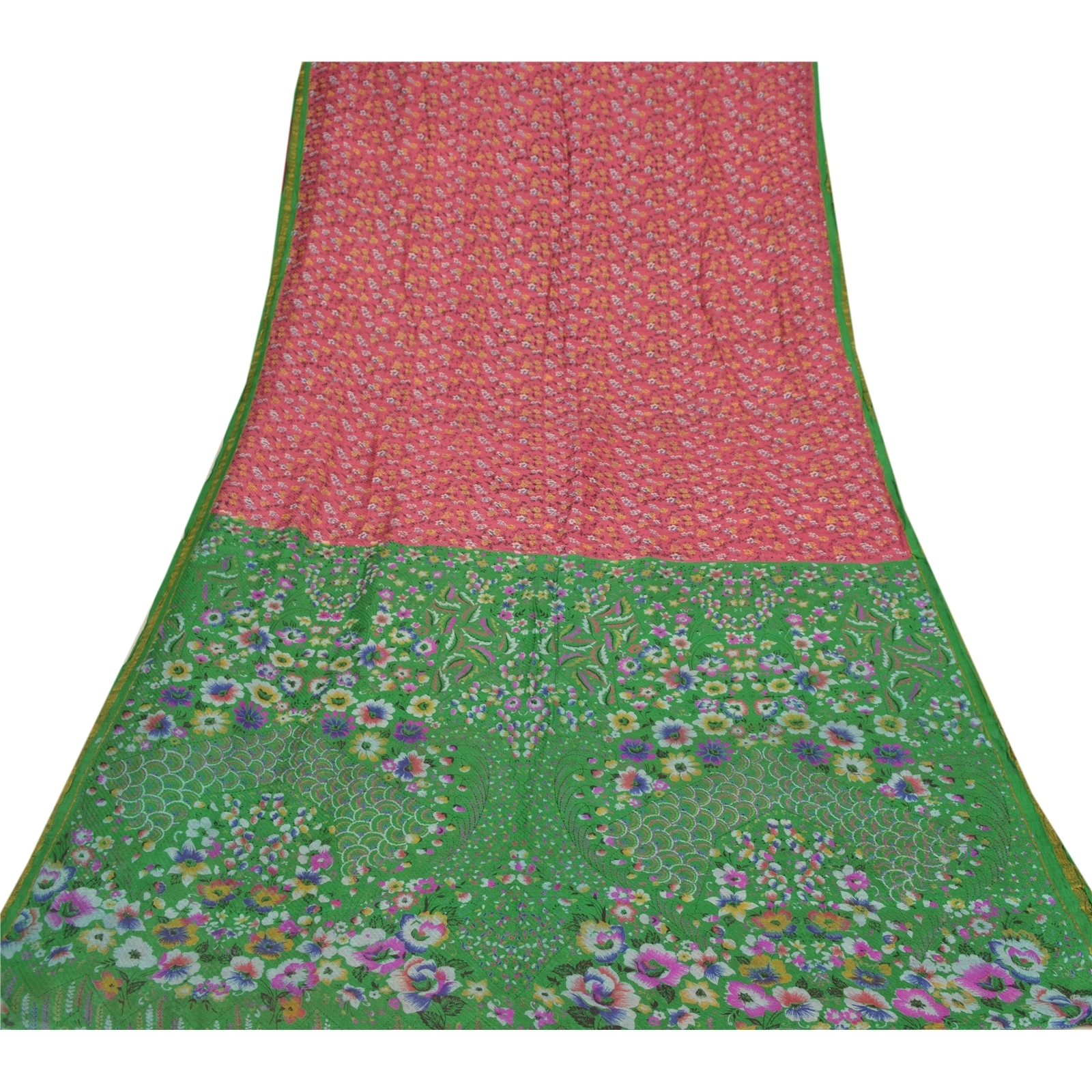 Sanskriti Vintage Pink/Green Sarees Pure Silk Fabric Print Zari Border 5Yd Sari, PR-52636-Pink &amp; Green-Printed Work-100% Pure Silk-7