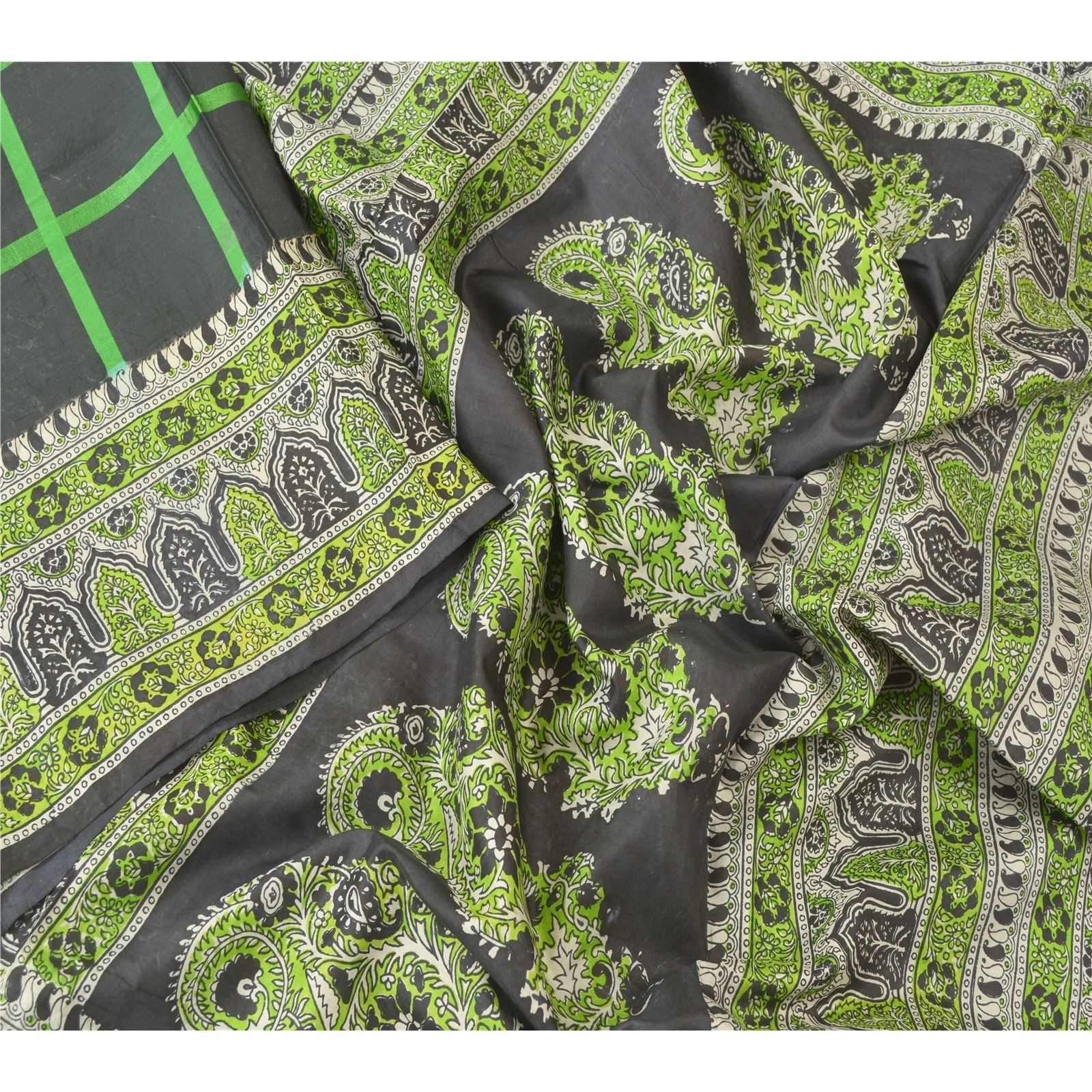 Sanskriti Vintage Green Indian Sari 100% Pure Silk Fabric Craft Printed Sarees, PR-52719-Black &amp; Green-Printed Work-100% Pure Silk-2