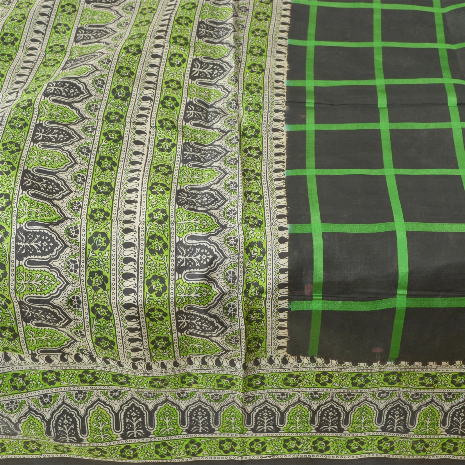 Sanskriti Vintage Green Indian Sari 100% Pure Silk Fabric Craft Printed Sarees, PR-52719-Black &amp; Green-Printed Work-100% Pure Silk-3