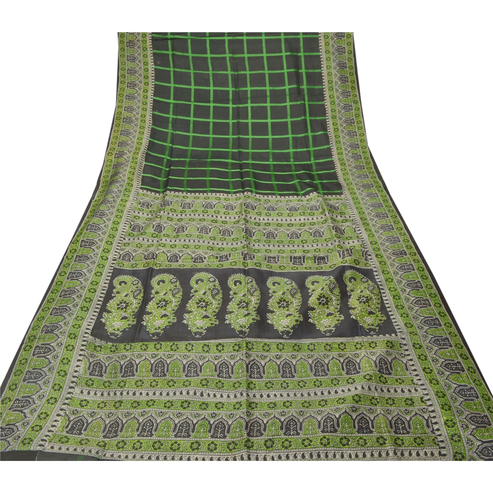 Sanskriti Vintage Green Indian Sari 100% Pure Silk Fabric Craft Printed Sarees, PR-52719-Black &amp; Green-Printed Work-100% Pure Silk-7