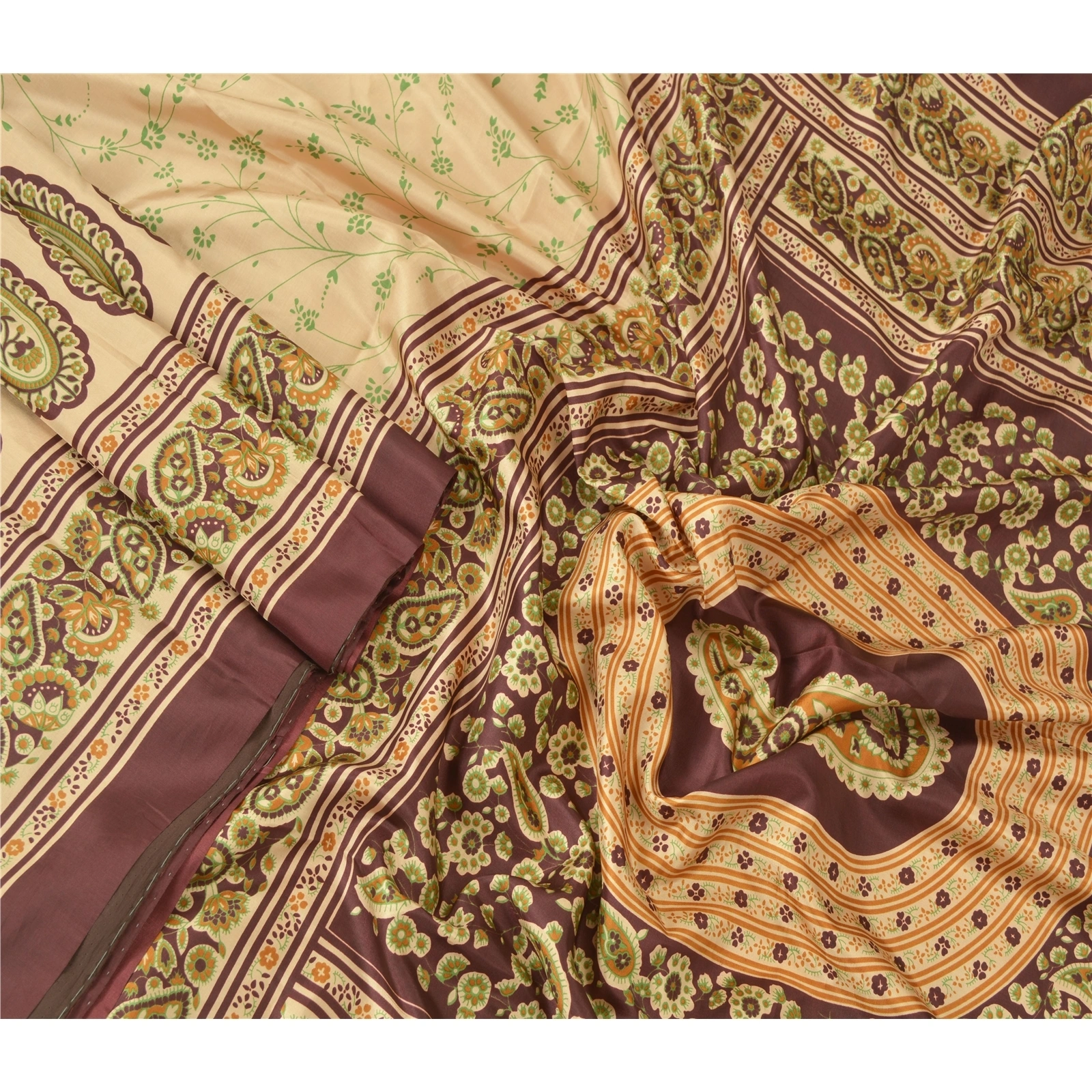 Sanskriti Vintage Cream Sari Art Silk Fabric Craft Printed Sewing 5 Yard Sarees, PR-52724-Cream-Printed Work-Art (Artificial) Silk-1