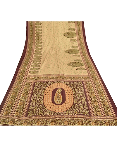Sanskriti Vintage Cream Sari Art Silk Fabric Craft Printed Sewing 5 Yard Sarees, PR-52724-Cream-Printed Work-Art (Artificial) Silk-7