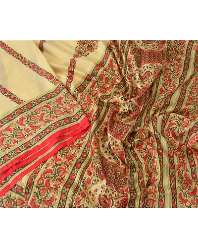 Sanskriti Vintage Cream Sarees Pure Silk Printed Sari Floral Soft Sewing Fabric, PR-52807-Cream-Pure Silk-2