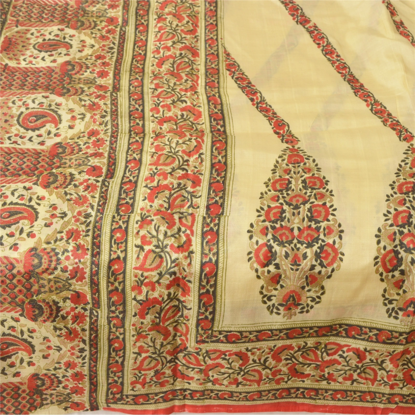 Sanskriti Vintage Cream Sarees Pure Silk Printed Sari Floral Soft Sewing Fabric, PR-52807-Cream-Pure Silk-3