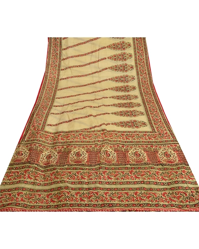 Sanskriti Vintage Cream Sarees Pure Silk Printed Sari Floral Soft Sewing Fabric, PR-52807-Cream-Pure Silk-7