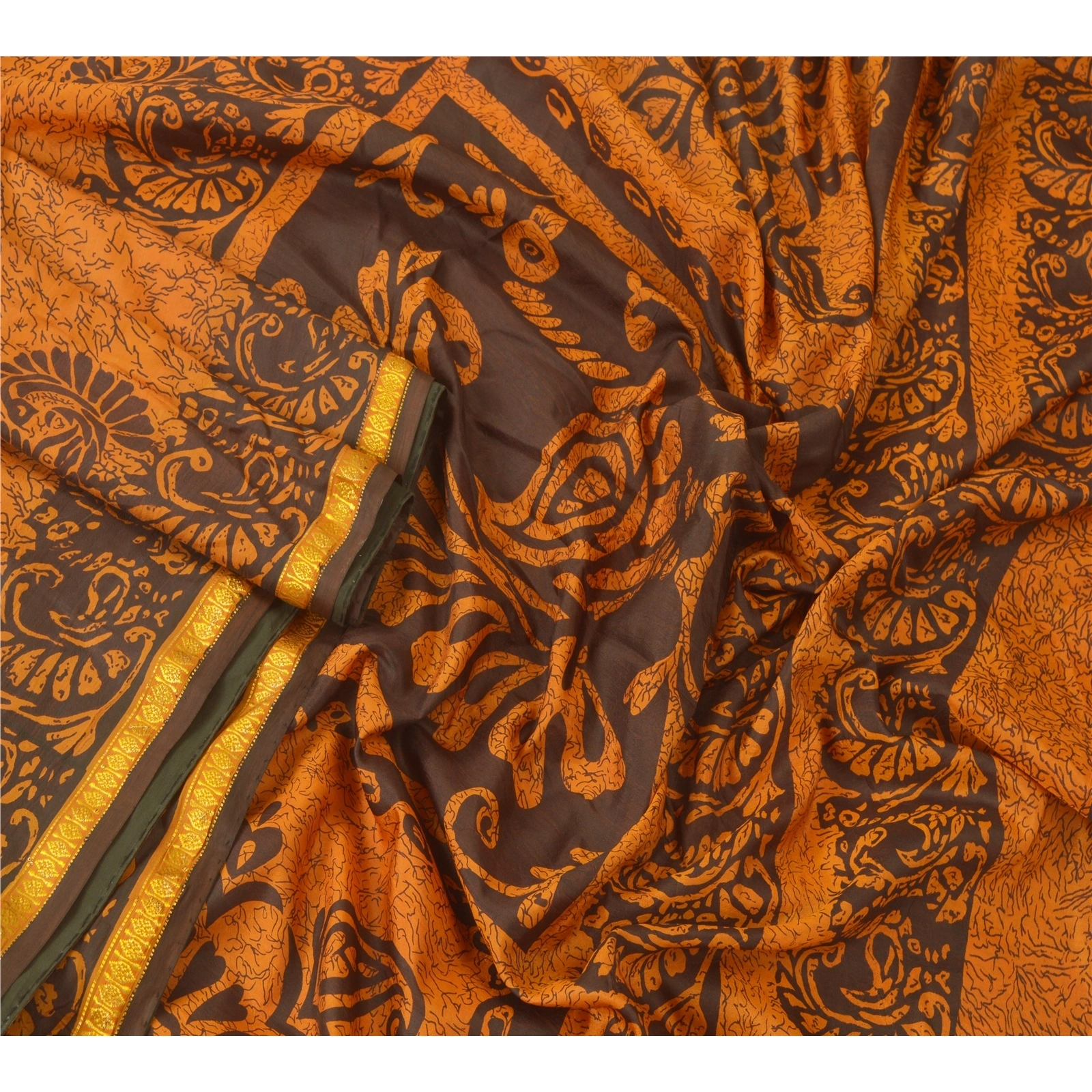 Sanskriti Vintage Saffron Sarees Art Silk Printed Sari Zari Border Craft Fabric, PR-52809-Saffron-Art Silk-1