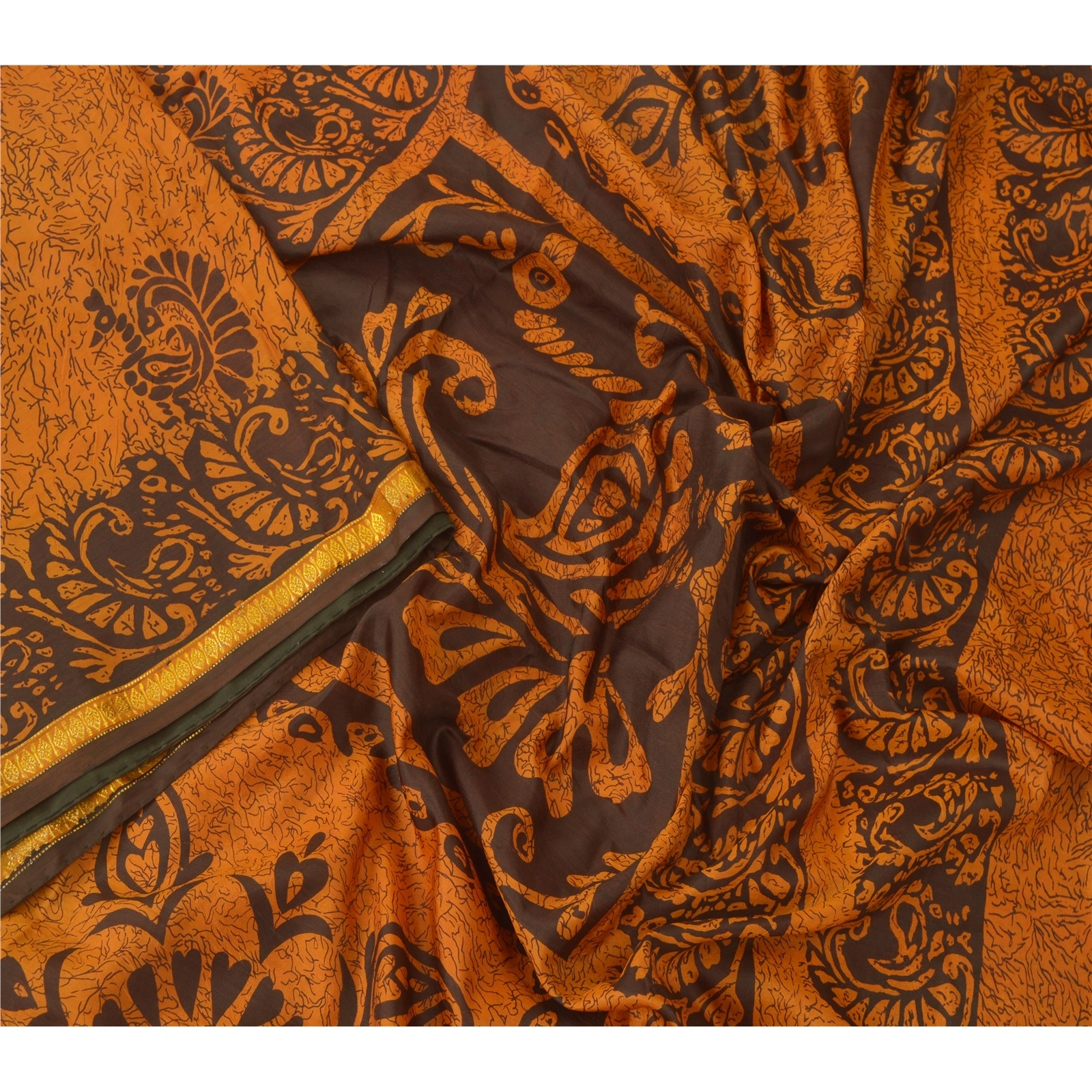 Sanskriti Vintage Saffron Sarees Art Silk Printed Sari Zari Border Craft Fabric, PR-52809-Saffron-Art Silk-2