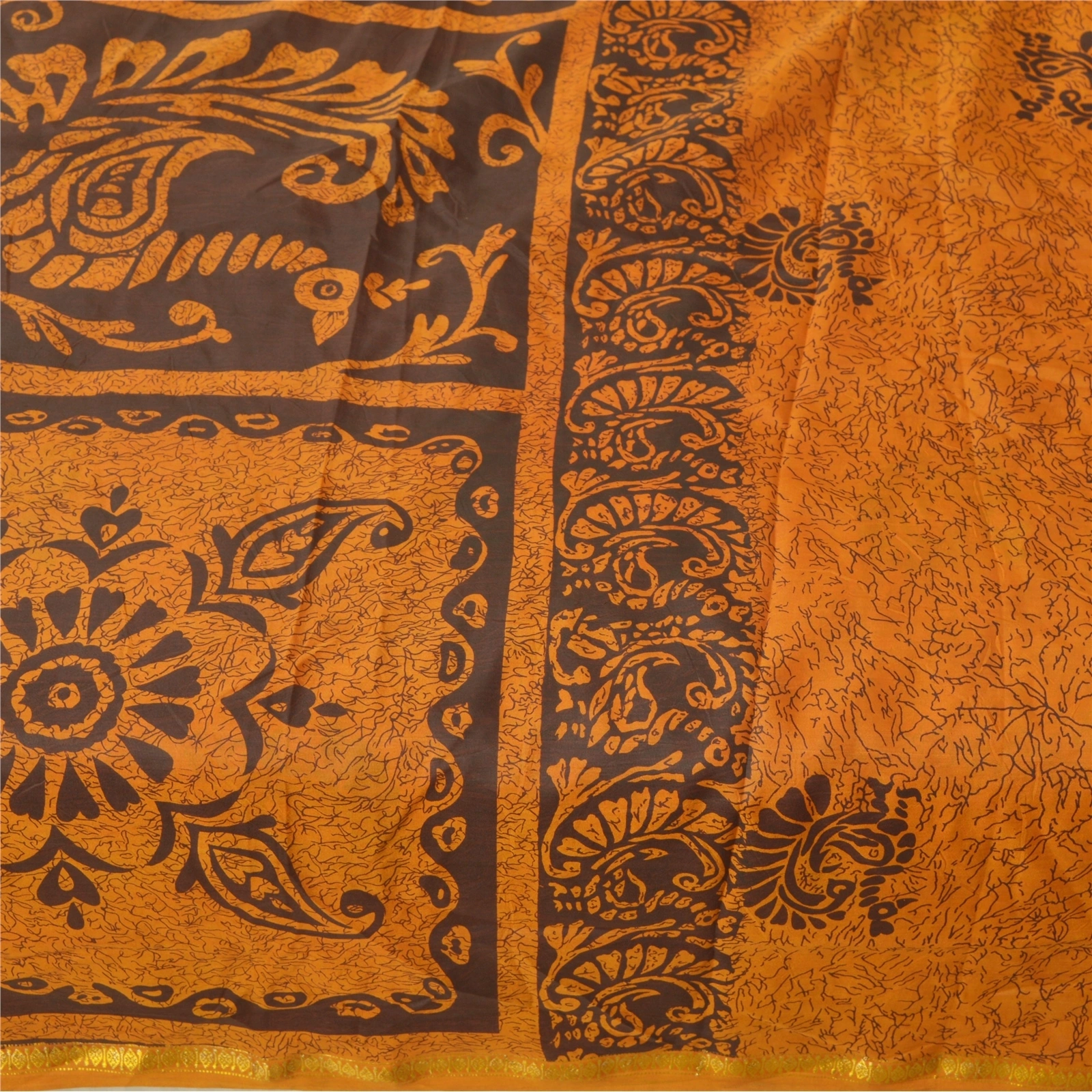 Sanskriti Vintage Saffron Sarees Art Silk Printed Sari Zari Border Craft Fabric, PR-52809-Saffron-Art Silk-3