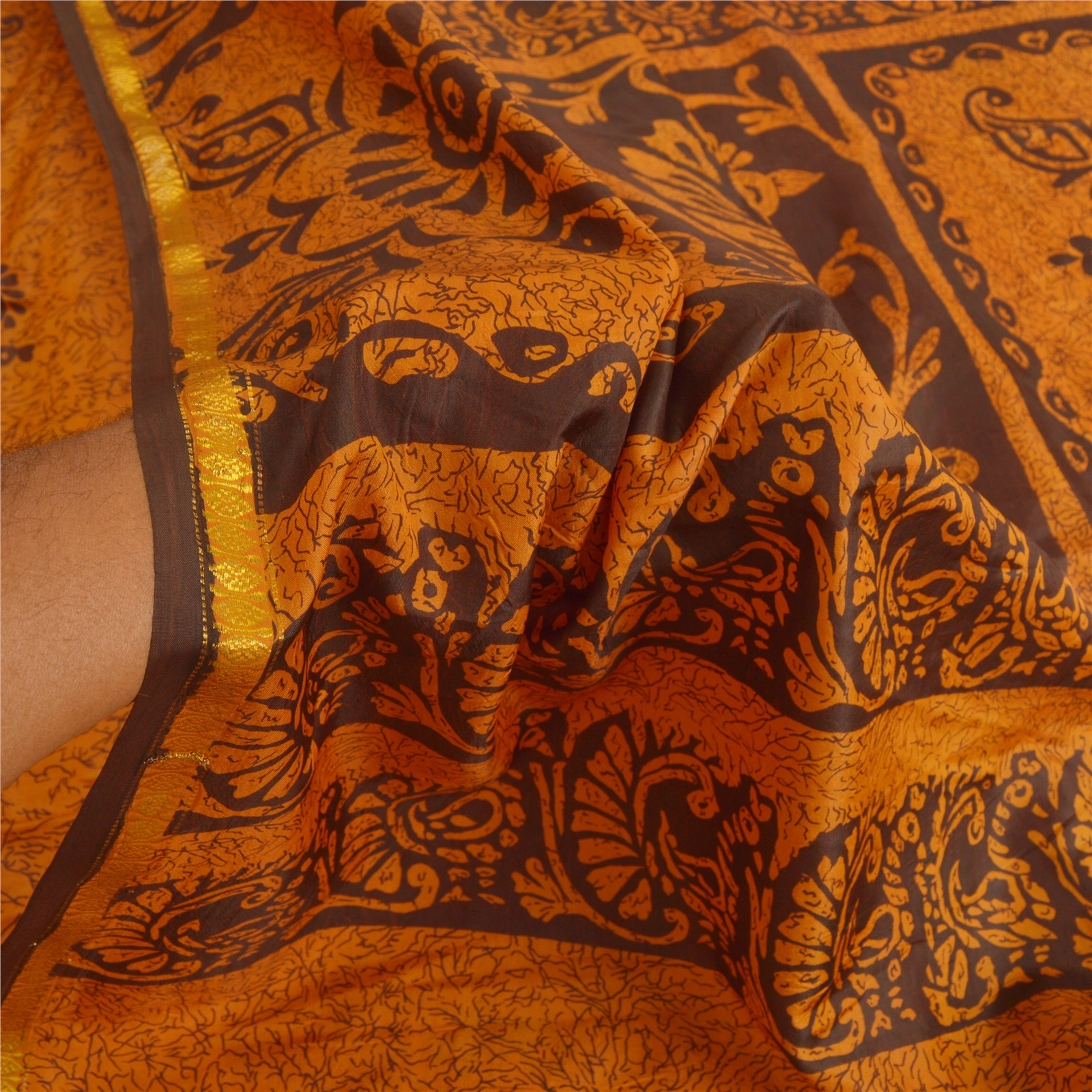 Sanskriti Vintage Saffron Sarees Art Silk Printed Sari Zari Border Craft Fabric, PR-52809-Saffron-Art Silk-5