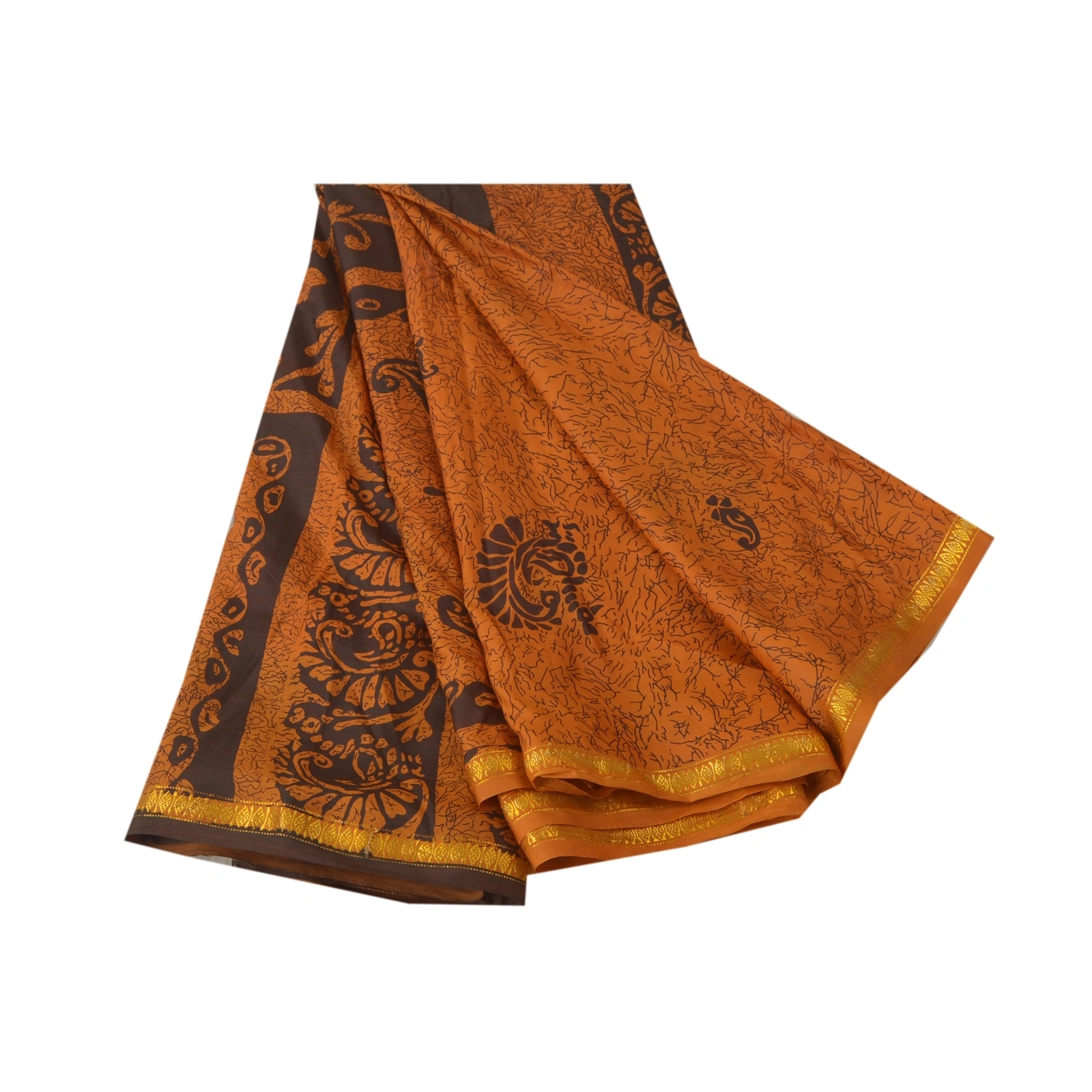 Sanskriti Vintage Saffron Sarees Art Silk Printed Sari Zari Border Craft Fabric, PR-52809-Saffron-Art Silk-6