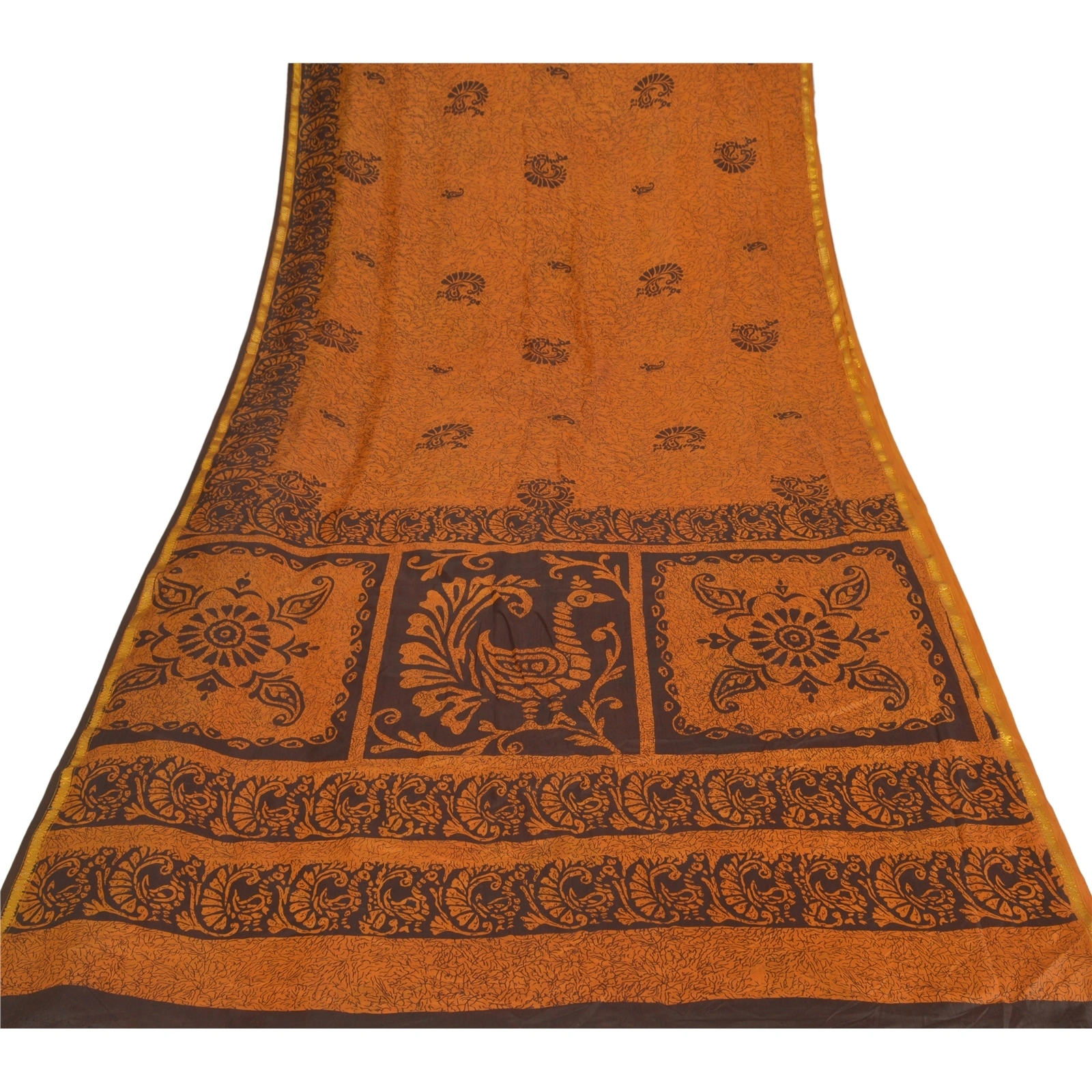 Sanskriti Vintage Saffron Sarees Art Silk Printed Sari Zari Border Craft Fabric, PR-52809-Saffron-Art Silk-7