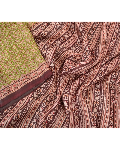 Sanskriti Vintage Green Sarees 100% Pure Silk Printed Sari Soft 5Yd Craft Fabric, PR-53210-Green-Pure Silk-2