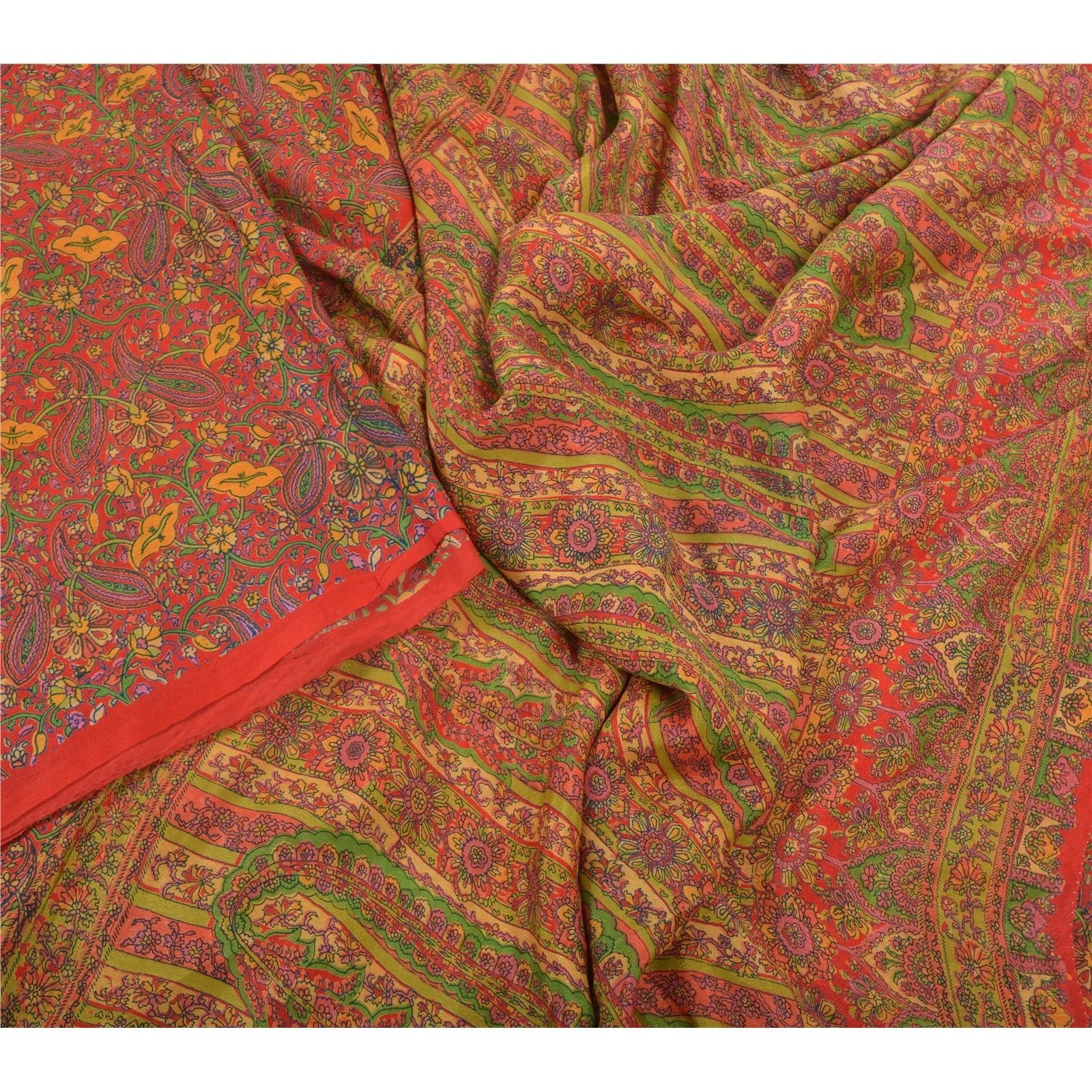 Sanskriti Vintage Red Indian Sarees Pure Silk Printed Sari Soft 5Yd Craft Fabric, PR-53266-Red-Pure Silk-3