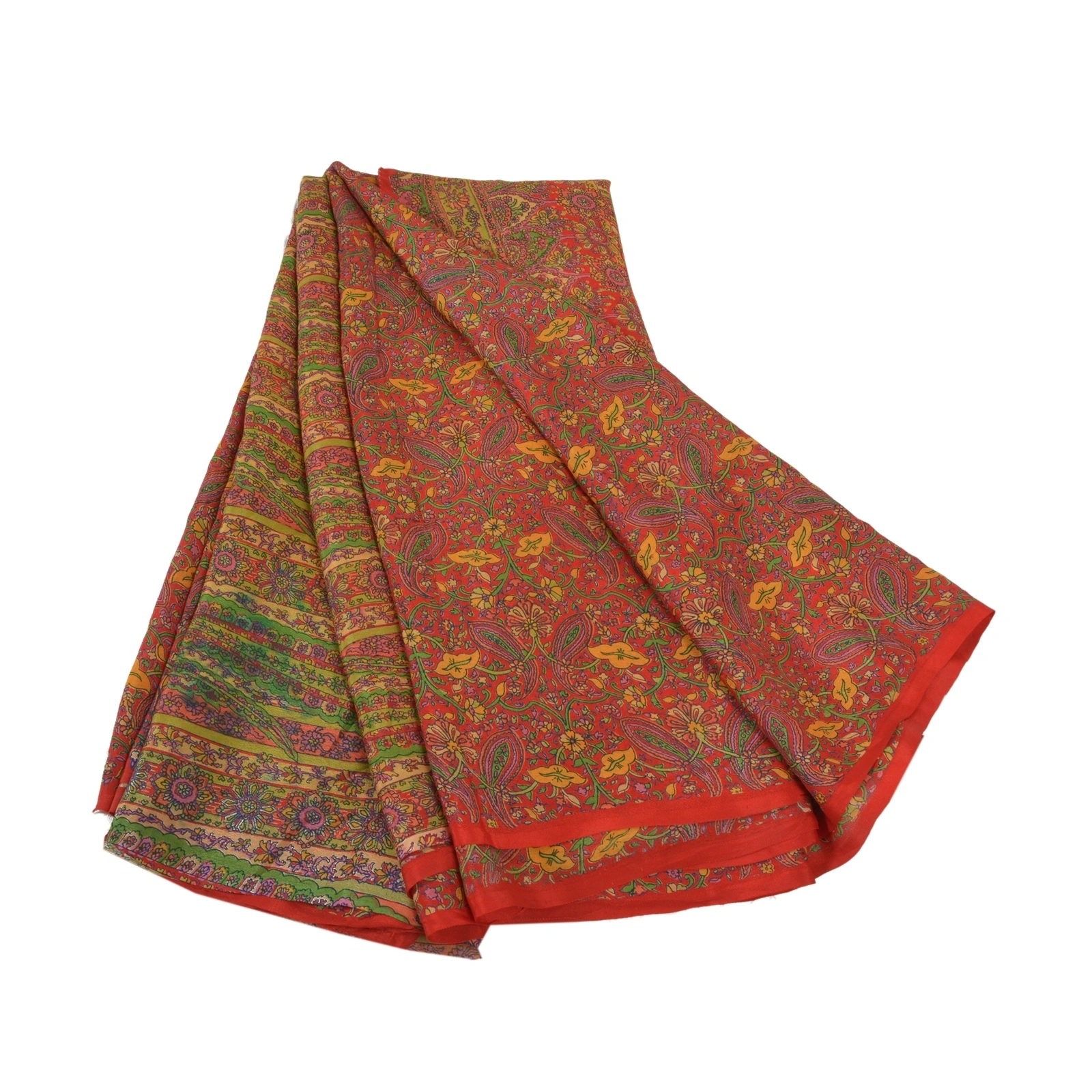 Sanskriti Vintage Red Indian Sarees Pure Silk Printed Sari Soft 5Yd Craft Fabric, PR-53266-Red-Pure Silk-7