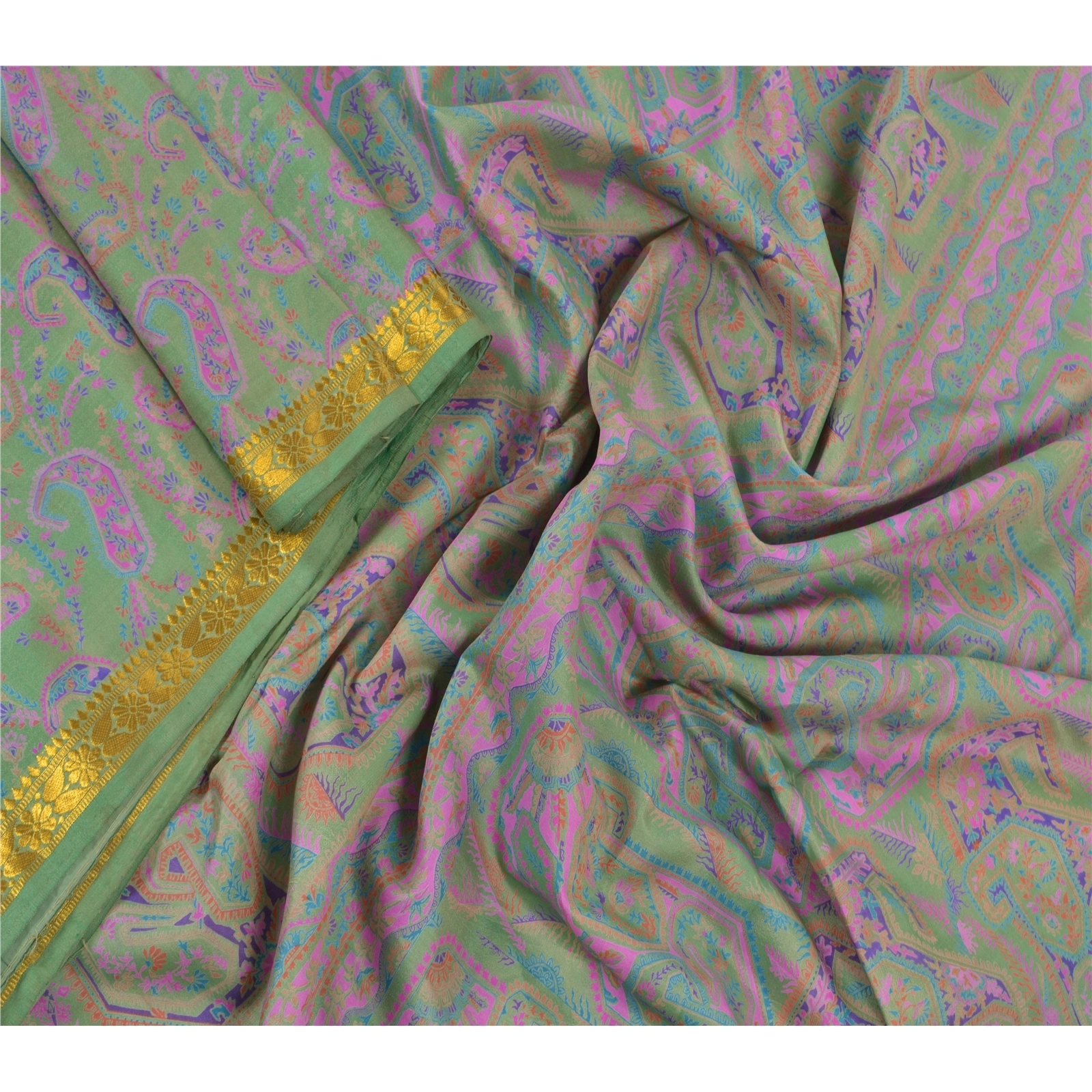 Sanskriti Vintage Green Sarees Pure Silk Printed Zari Border Sari Craft Fabric, PR-53323-Green-Pure Silk-1