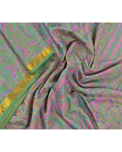 Sanskriti Vintage Green Sarees Pure Silk Printed Zari Border Sari Craft Fabric, PR-53323-Green-Pure Silk-1