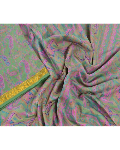 Sanskriti Vintage Green Sarees Pure Silk Printed Zari Border Sari Craft Fabric, PR-53323-Green-Pure Silk-2