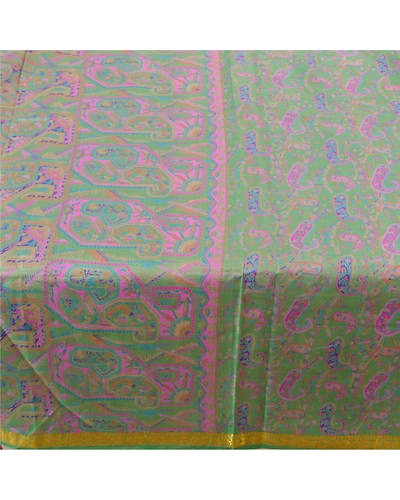 Sanskriti Vintage Green Sarees Pure Silk Printed Zari Border Sari Craft Fabric, PR-53323-Green-Pure Silk-3