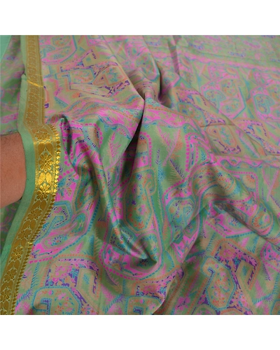 Sanskriti Vintage Green Sarees Pure Silk Printed Zari Border Sari Craft Fabric, PR-53323-Green-Pure Silk-5