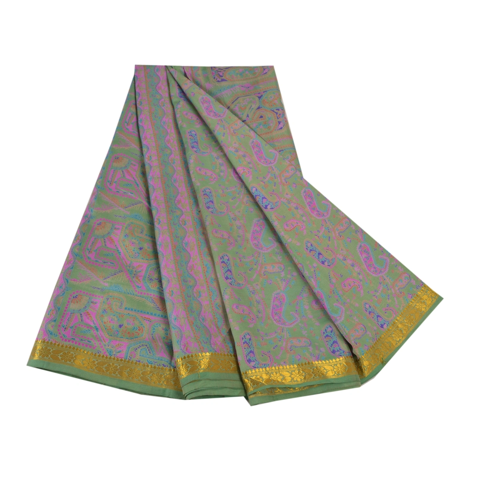 Sanskriti Vintage Green Sarees Pure Silk Printed Zari Border Sari Craft Fabric, PR-53323-Green-Pure Silk-6