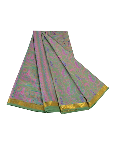Sanskriti Vintage Green Sarees Pure Silk Printed Zari Border Sari Craft Fabric, PR-53323-Green-Pure Silk-6