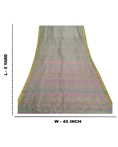 Sanskriti Vintage Green Sarees Pure Silk Printed Zari Border Sari Craft Fabric, PR-53323-Green-Pure Silk-8