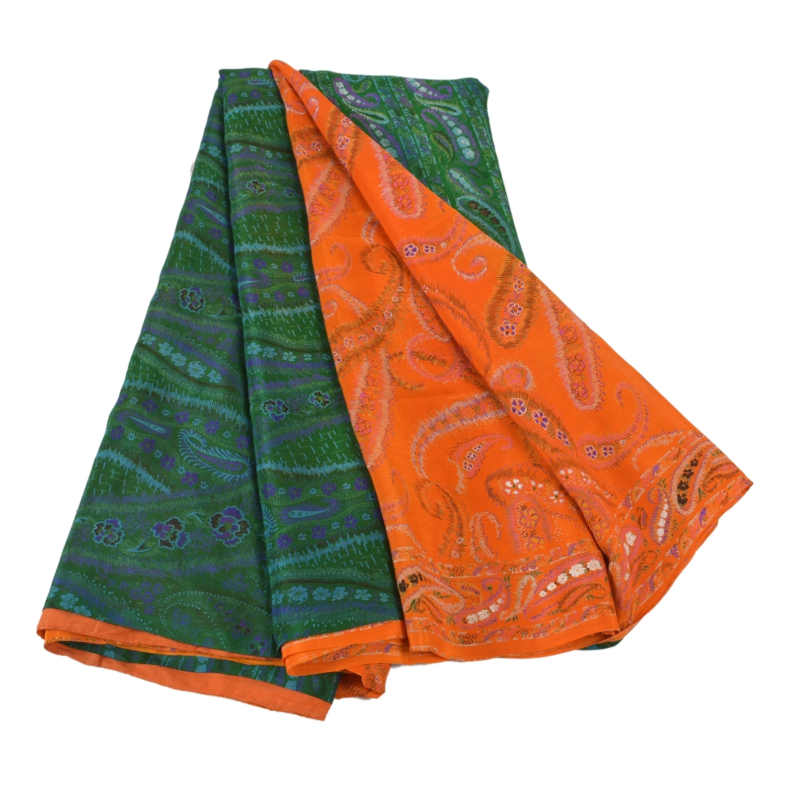 Sanskriti Vintage Orange Indian Sarees Pure Silk Printed Sari 5 Yd Craft Fabric, PR-53334-Orange-Pure Silk-6