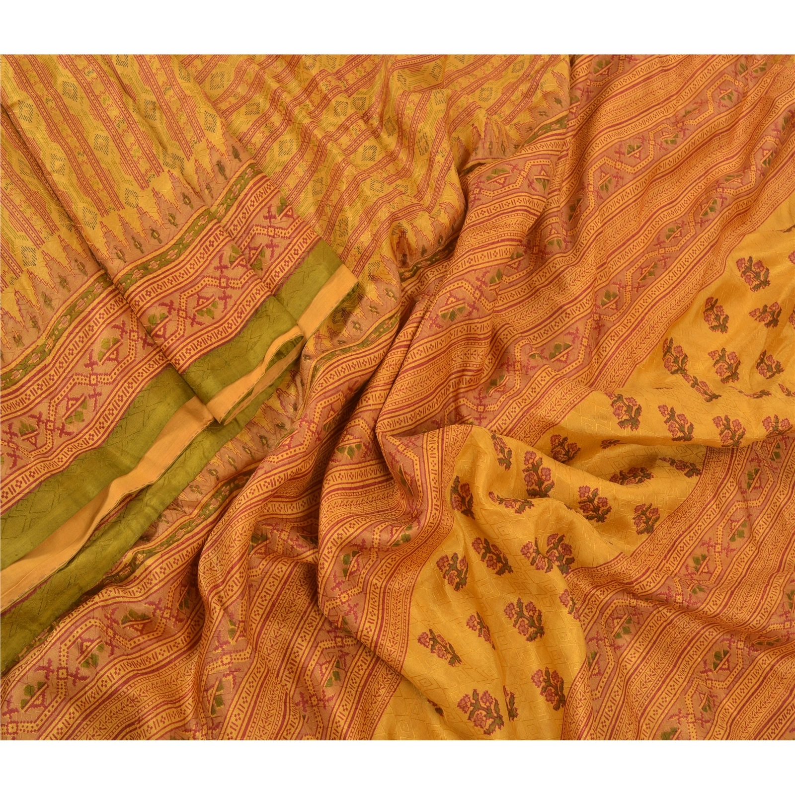 Sanskriti Vintage Yellow Sarees 100% Pure Silk Printed Sari Floral Craft Fabric, PR-53393-Yellow-Pure Silk-1