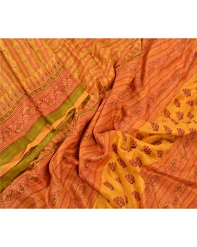 Sanskriti Vintage Yellow Sarees 100% Pure Silk Printed Sari Floral Craft Fabric, PR-53393-Yellow-Pure Silk-1