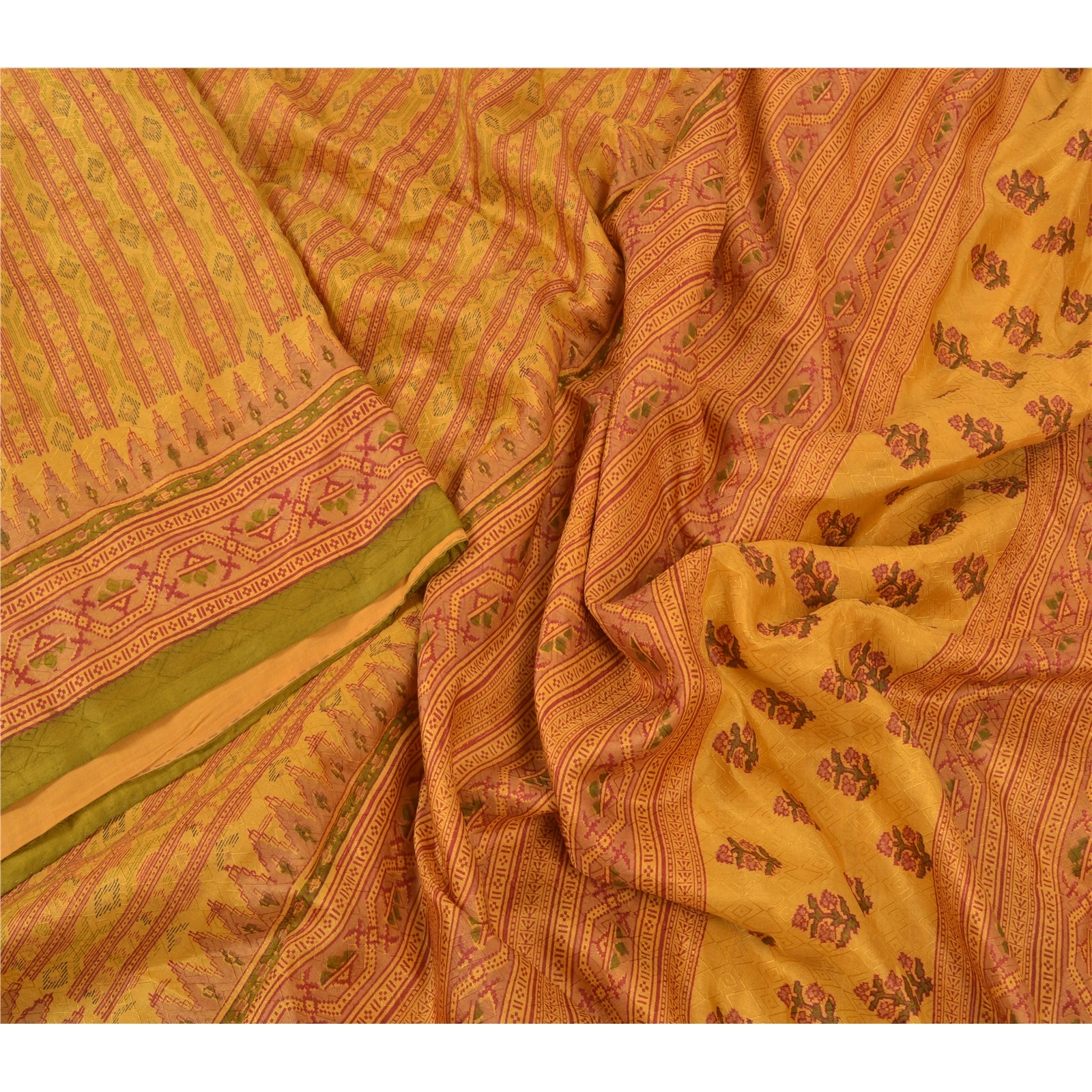 Sanskriti Vintage Yellow Sarees 100% Pure Silk Printed Sari Floral Craft Fabric, PR-53393-Yellow-Pure Silk-2