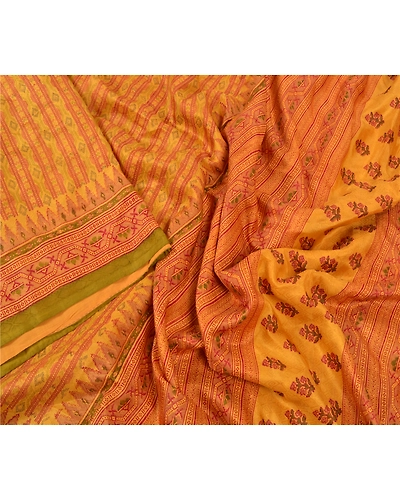 Sanskriti Vintage Yellow Sarees 100% Pure Silk Printed Sari Floral Craft Fabric, PR-53393-Yellow-Pure Silk-2