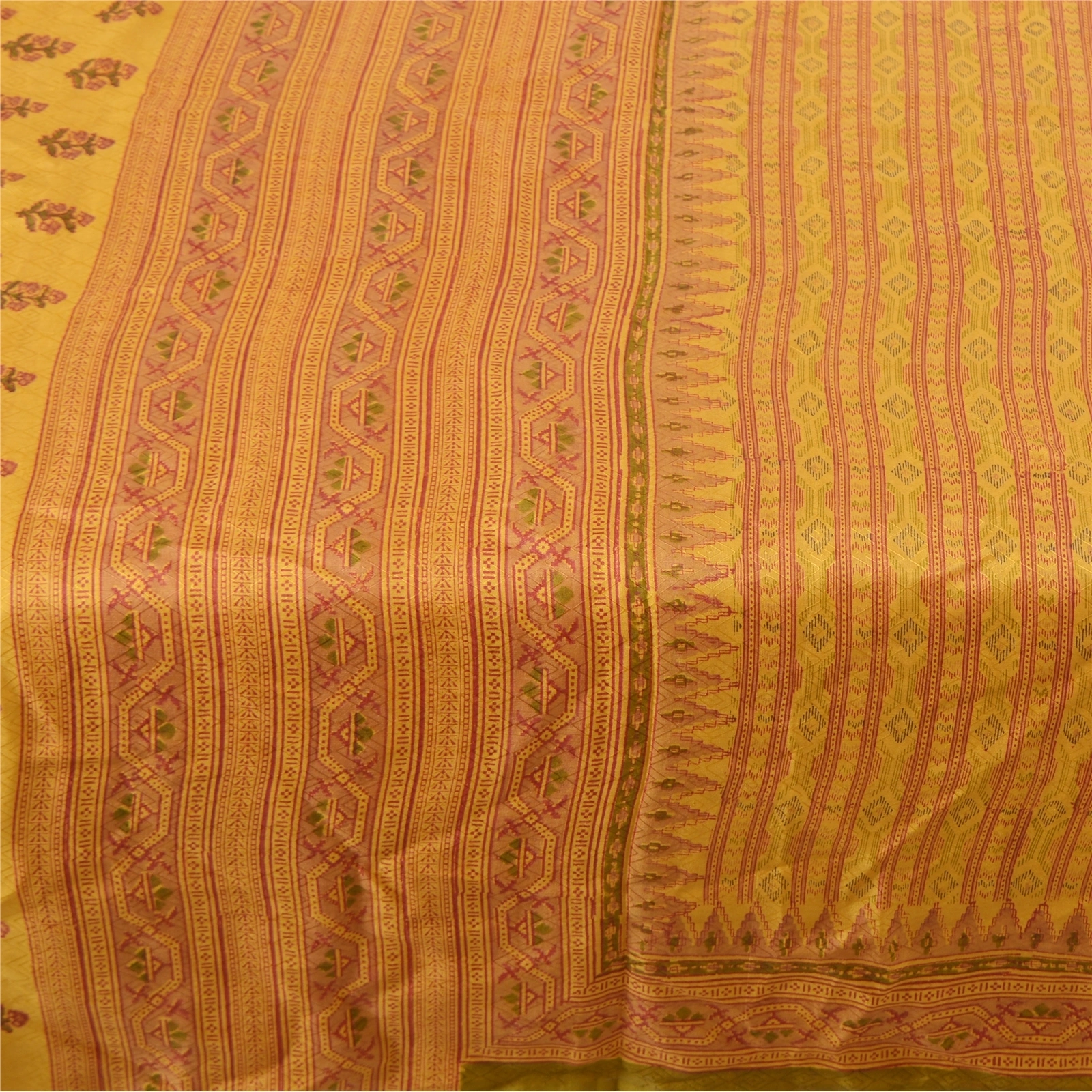 Sanskriti Vintage Yellow Sarees 100% Pure Silk Printed Sari Floral Craft Fabric, PR-53393-Yellow-Pure Silk-3