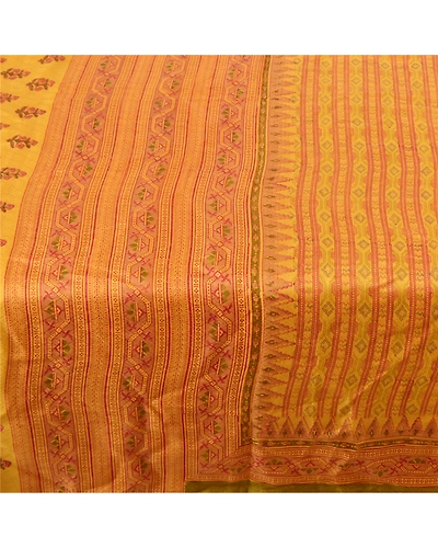Sanskriti Vintage Yellow Sarees 100% Pure Silk Printed Sari Floral Craft Fabric, PR-53393-Yellow-Pure Silk-3