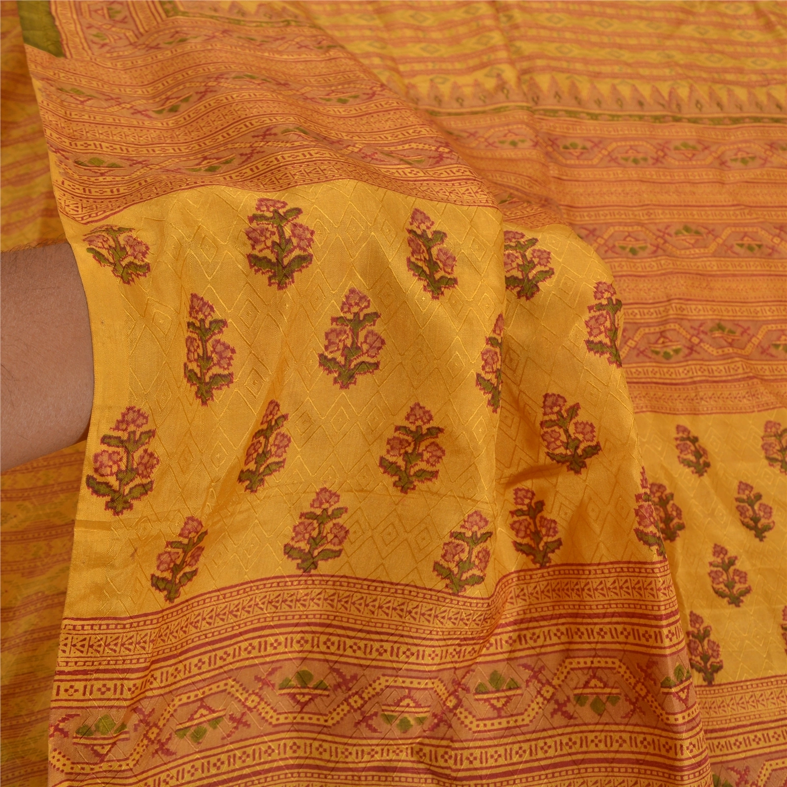 Sanskriti Vintage Yellow Sarees 100% Pure Silk Printed Sari Floral Craft Fabric, PR-53393-Yellow-Pure Silk-5