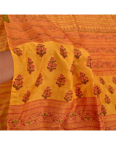Sanskriti Vintage Yellow Sarees 100% Pure Silk Printed Sari Floral Craft Fabric, PR-53393-Yellow-Pure Silk-5