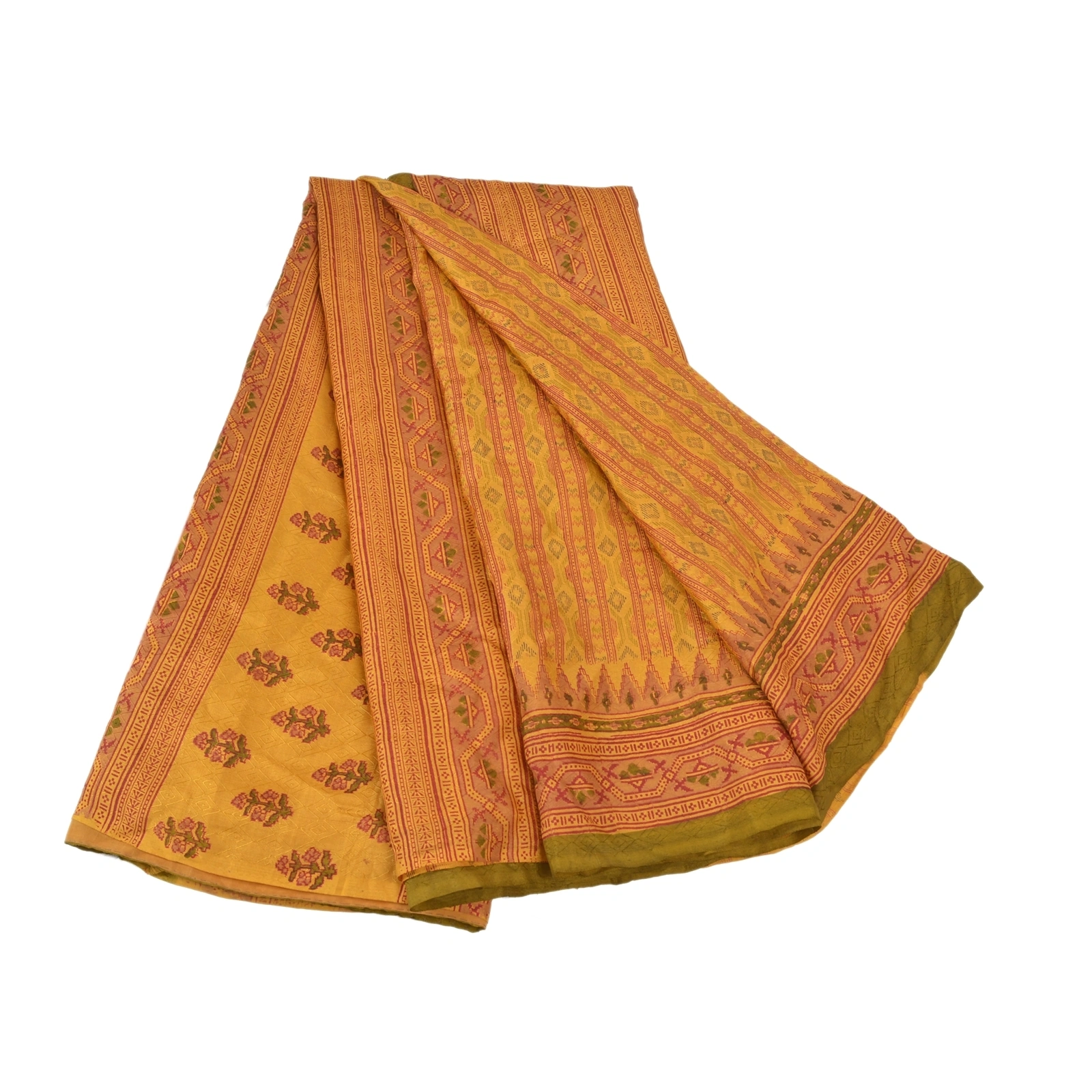 Sanskriti Vintage Yellow Sarees 100% Pure Silk Printed Sari Floral Craft Fabric, PR-53393-Yellow-Pure Silk-6