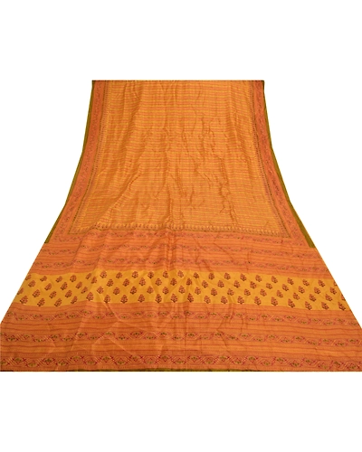 Sanskriti Vintage Yellow Sarees 100% Pure Silk Printed Sari Floral Craft Fabric, PR-53393-Yellow-Pure Silk-7