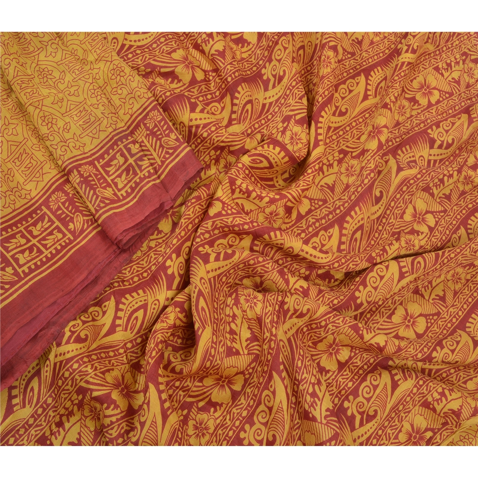 Sanskriti Vintage Mustard Sarees Pure Silk Printed Sari Soft 5Yd Craft Fabric, PR-53470-Mustard-Pure Silk-1