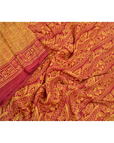 Sanskriti Vintage Mustard Sarees Pure Silk Printed Sari Soft 5Yd Craft Fabric, PR-53470-Mustard-Pure Silk-1