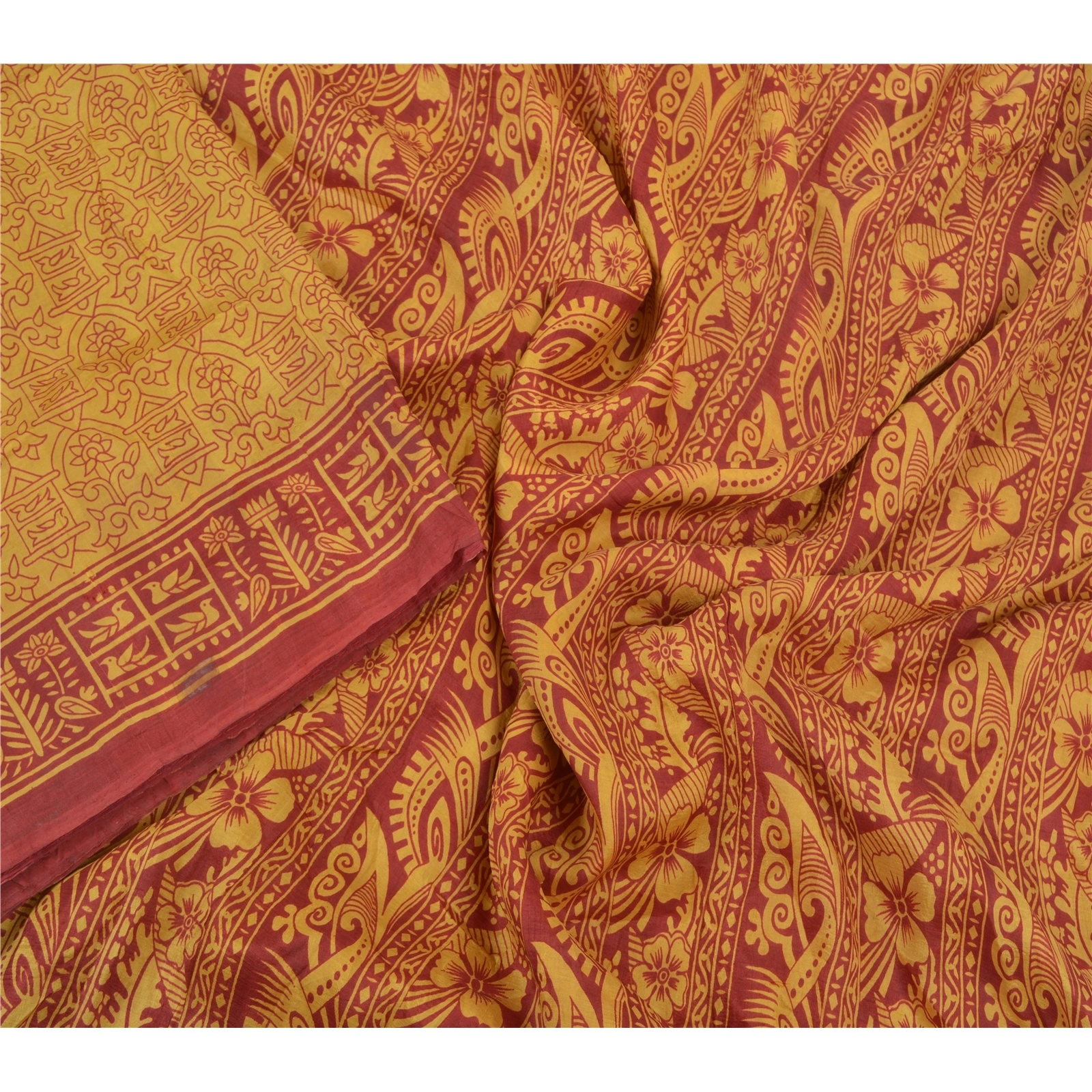 Sanskriti Vintage Mustard Sarees Pure Silk Printed Sari Soft 5Yd Craft Fabric, PR-53470-Mustard-Pure Silk-2